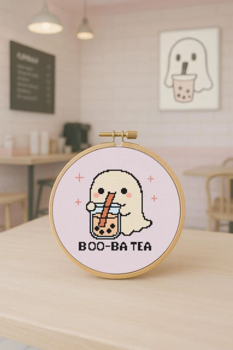 Boo-Ba Tea – Bubble Tea & Ghost – Halloween cross-stitch pattern preview