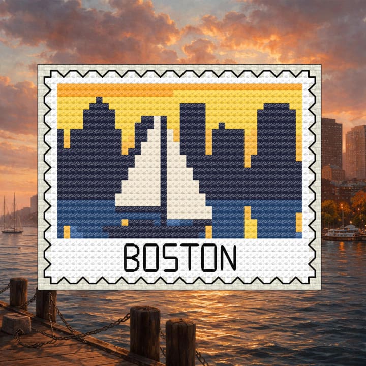 Boston Harbor Stamp - Massachusetts Skyline cross-stitch pattern preview