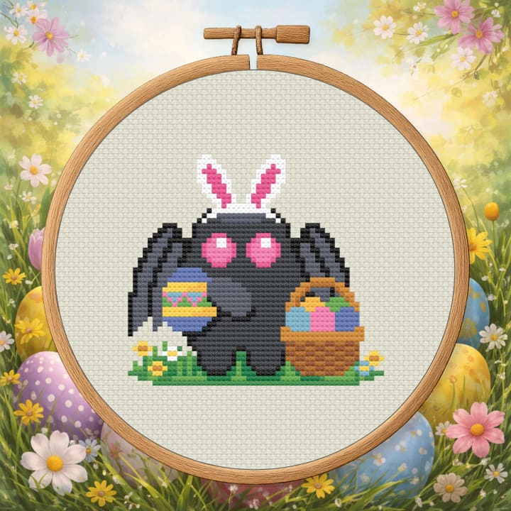 Bunny-Eared Mothman – Easter Cryptid cross-stitch pattern preview
