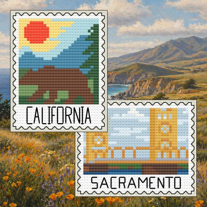 California & Sacramento Stamp Bundle – State + Capital Set cross-stitch pattern preview