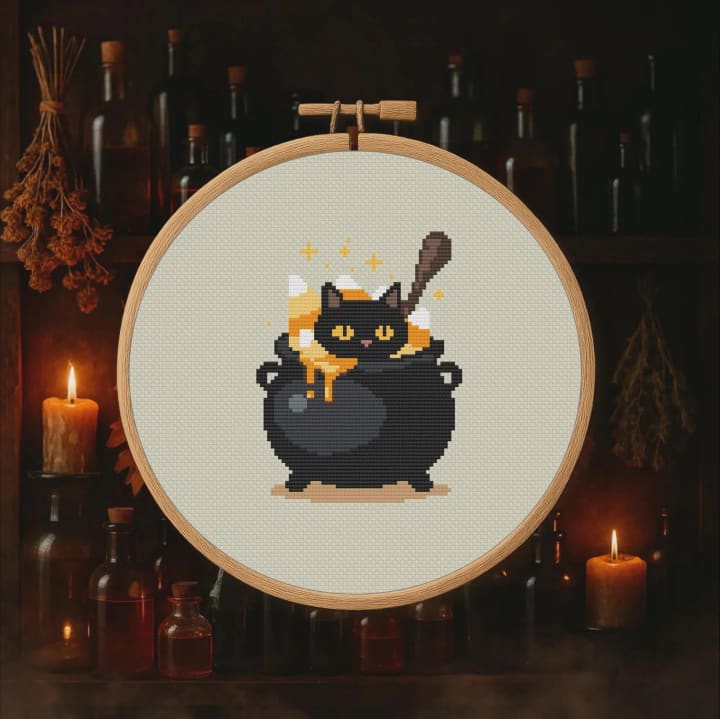 Candy Corn Cauldron Cat – Halloween cross-stitch pattern preview