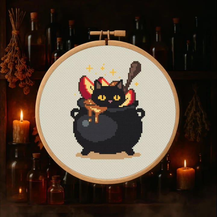 Caramel Apple Cauldron Cat – Halloween cross-stitch pattern preview