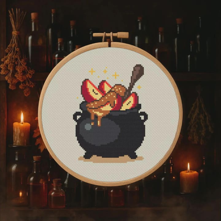 Caramel Apple Cauldron – Halloween cross-stitch pattern preview