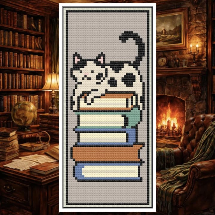 Cat Bookmark – Book Lover Cat cross-stitch pattern preview