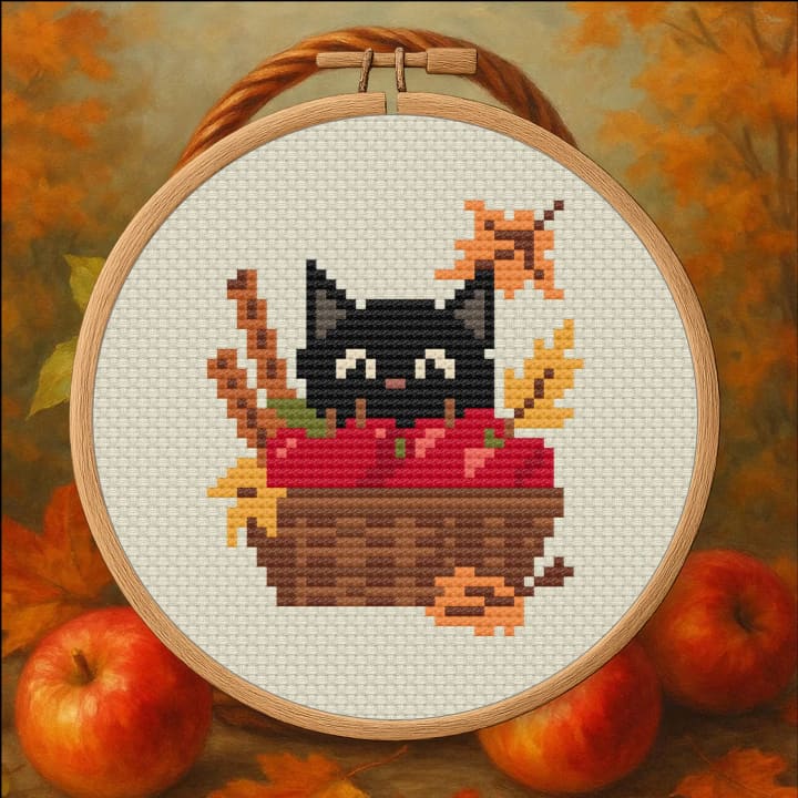 Cat in Apple Basket – Autumn Cat cross-stitch pattern preview