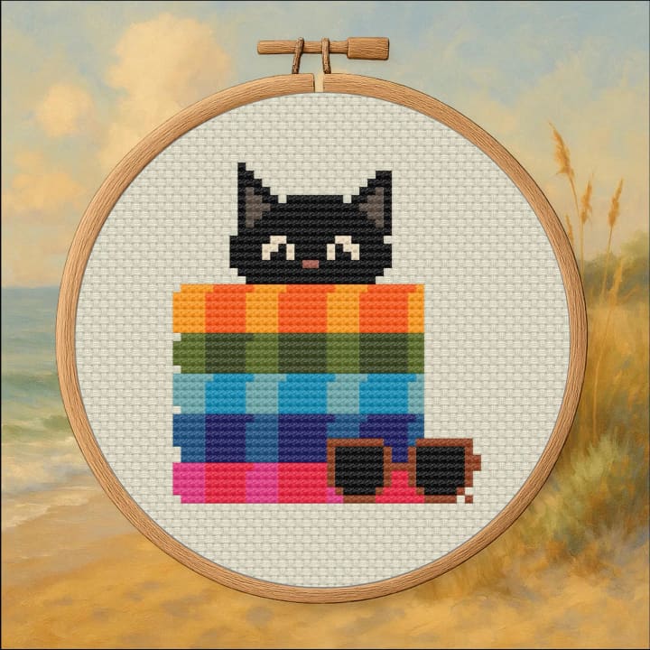 Cat in Beach Towel Pile – Summer Cat cross-stitch pattern preview