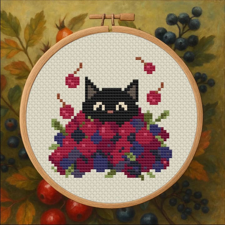Cat in Berry Pile: Cottagecore Black Cat cross-stitch pattern preview