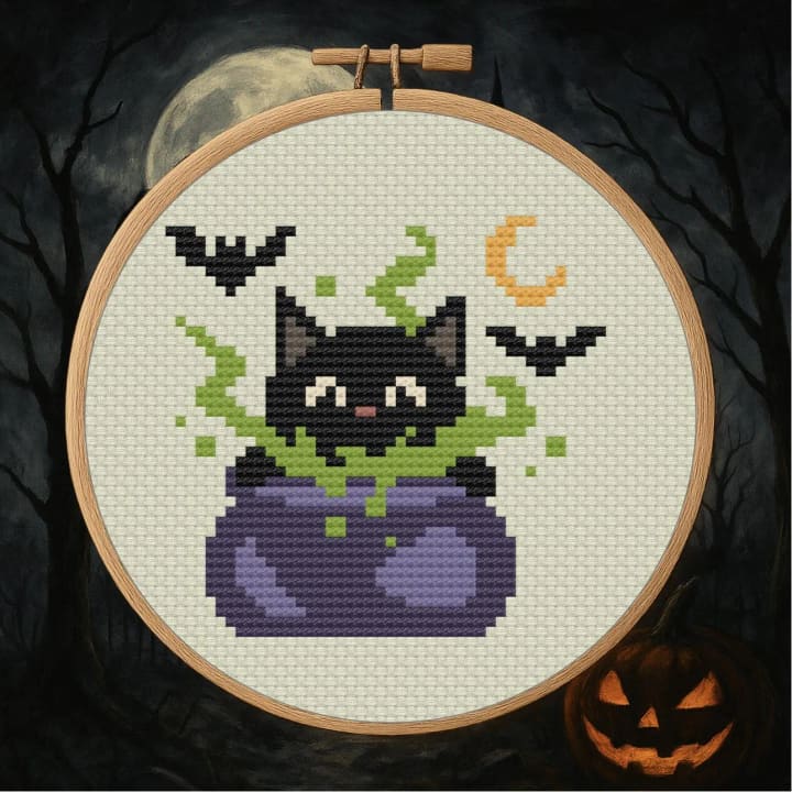Cat in Cauldron – Halloween Cat cross-stitch pattern preview