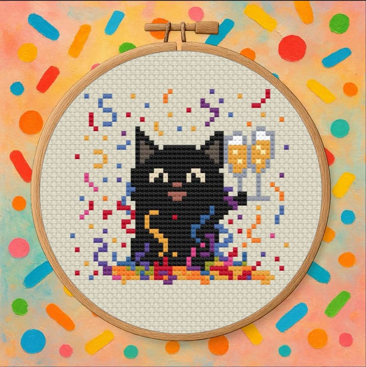 Cat in Confetti – Celebration Cat cross-stitch pattern preview