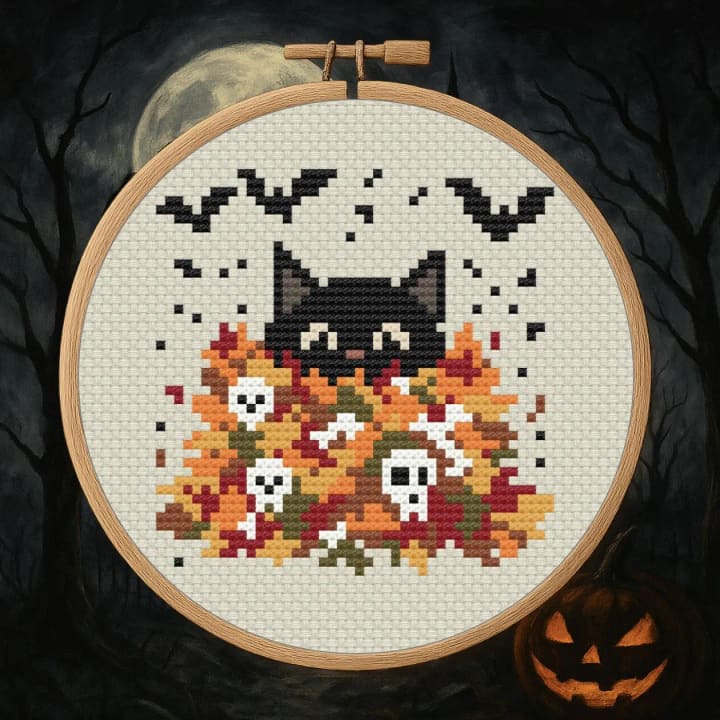 Cat in Creepy Leaf Pile – Halloween Cat cross-stitch pattern preview