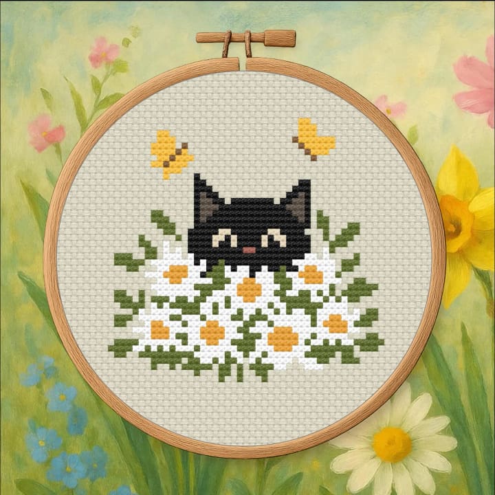Cat in Daisy Pile – Spring Cat cross-stitch pattern preview