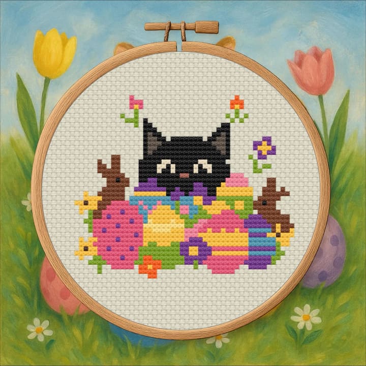 Cat in Easter Pile – Spring Cat cross-stitch pattern preview