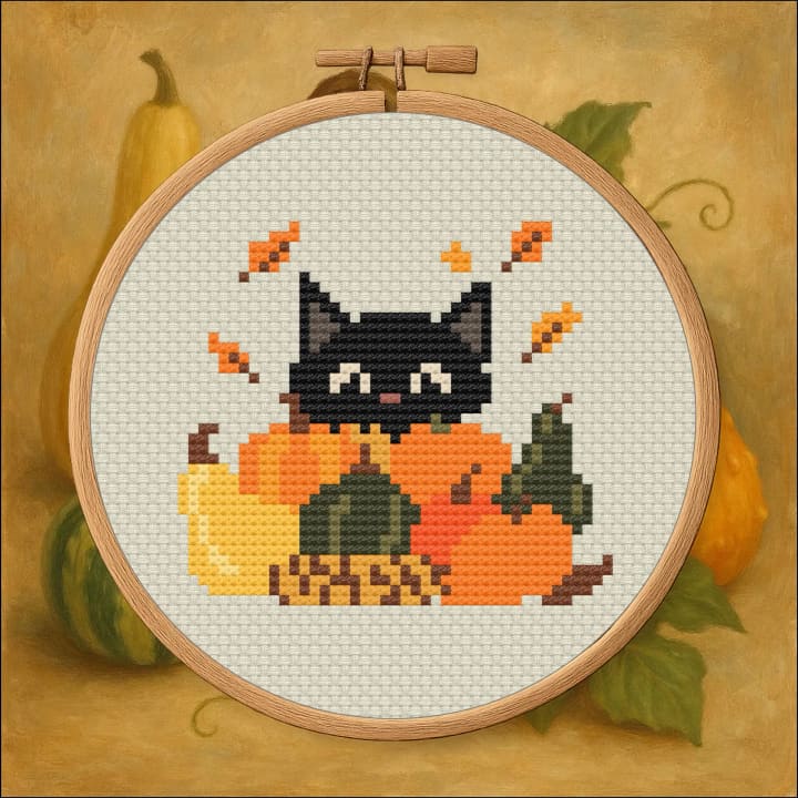 Cat in Gourd Pile – Autumn Cat cross-stitch pattern preview