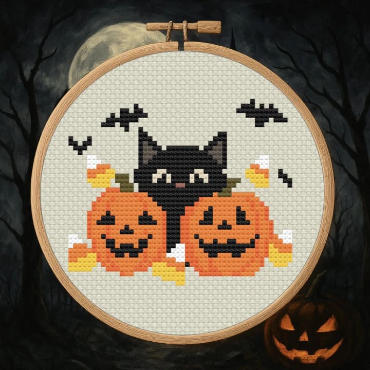 Cat in Jack O’Lanterns – Halloween Cat cross-stitch pattern preview