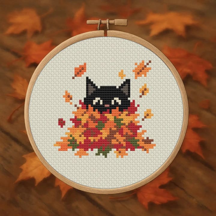 Cat in Leaf Pile – Autumn Cat cross-stitch pattern preview