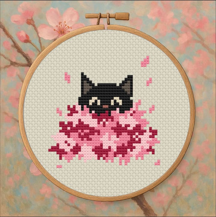 Cat in Sakura Pile – Cherry Blossom Cat cross-stitch pattern preview