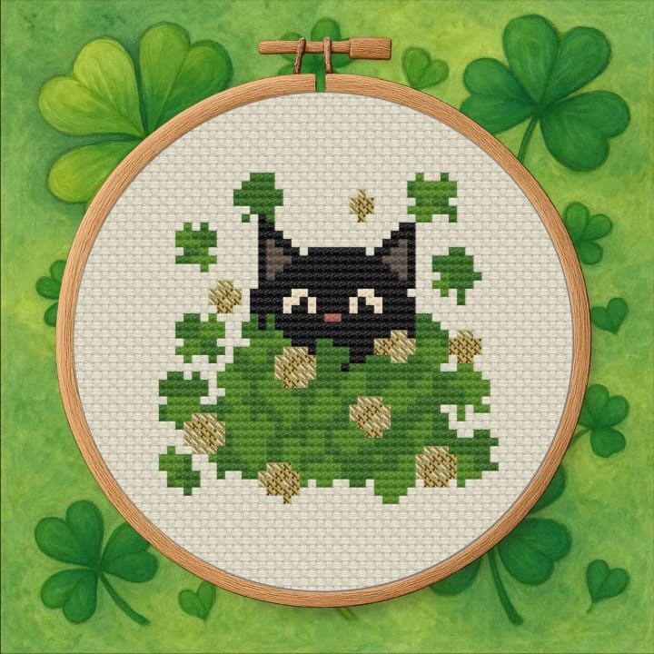 Cat in Shamrocks – St. Patrick’s Day Cat cross-stitch pattern preview