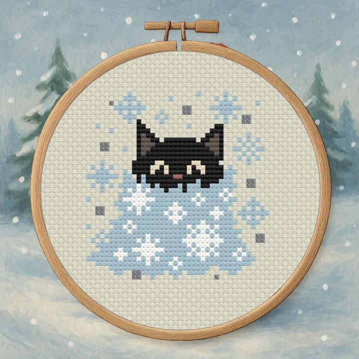 Cat in Snow Pile – Winter Cat cross-stitch pattern preview