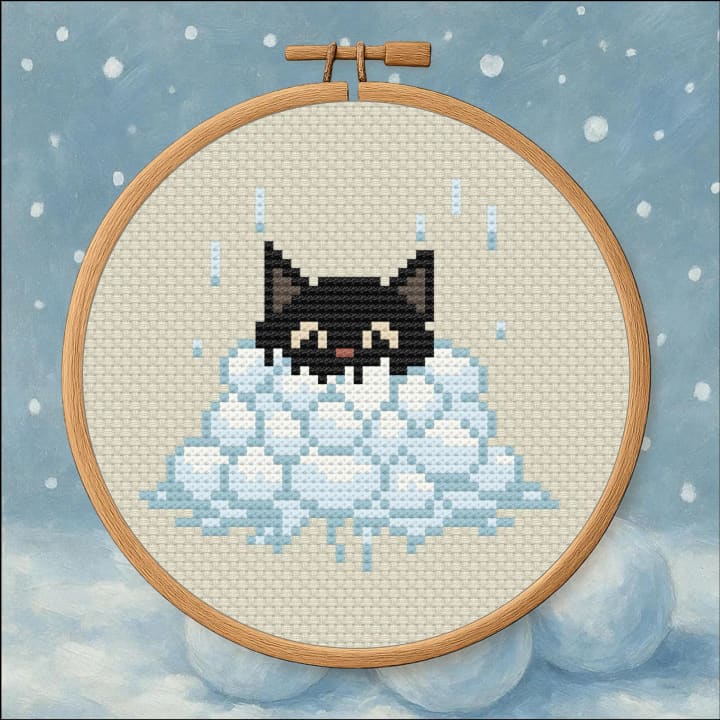 Cat in Snowballs – Winter Cat cross-stitch pattern preview