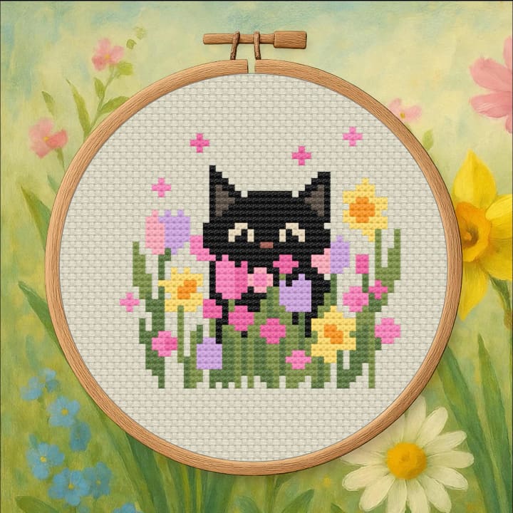 Cat in Spring Flowers – Floral Cat cross-stitch pattern preview