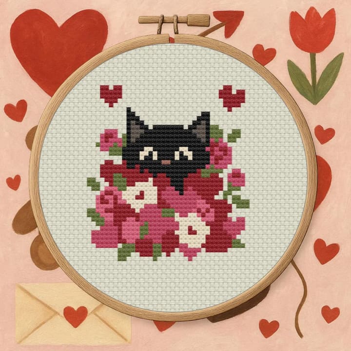 Cat in Valentines Pile – Valentine Cat cross-stitch pattern preview