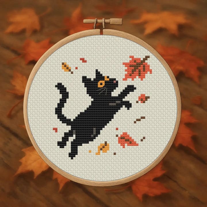 Cat Jumping in Leaves – Autumn Cat cross-stitch pattern preview
