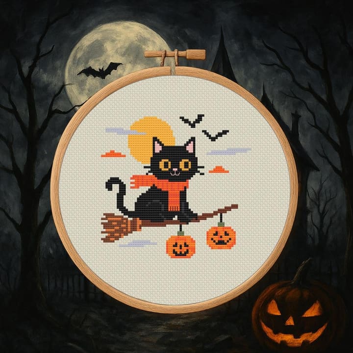 Cat on Broomstick cross-stitch pattern preview