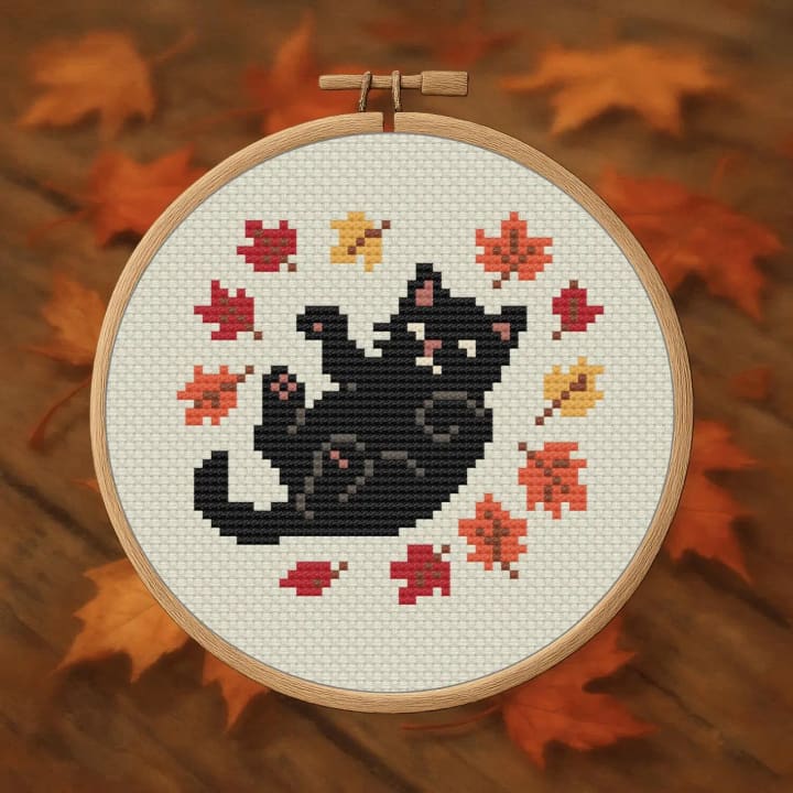 Cat Rolling in Leaves – Autumn Cat cross-stitch pattern preview