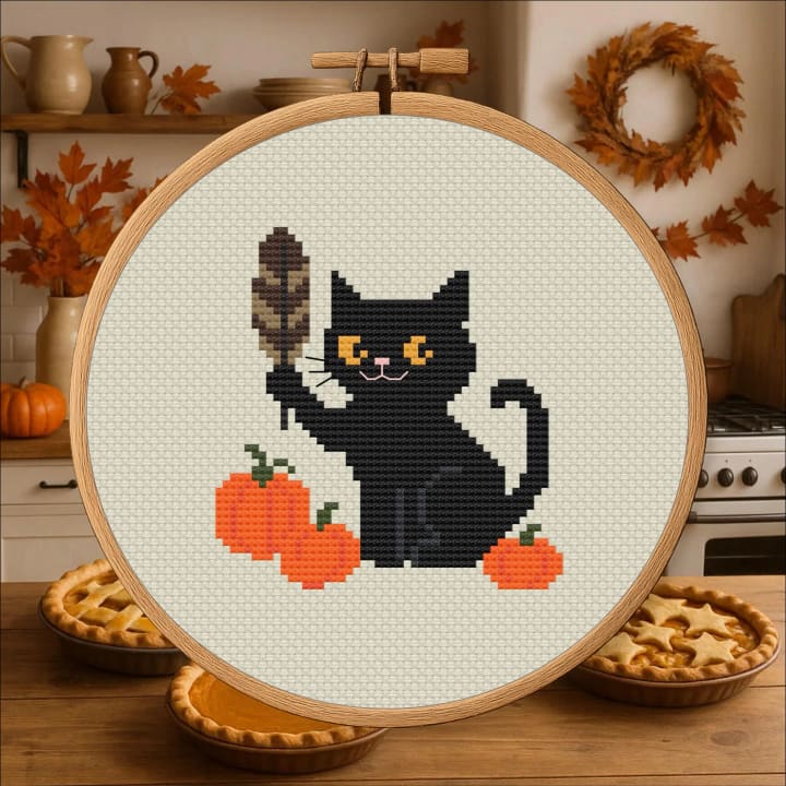 Cat with Feather – Thanksgiving cross-stitch pattern preview