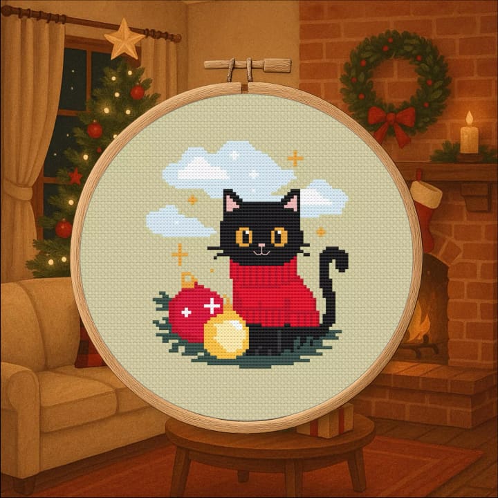 Cat with Ornaments cross-stitch pattern preview