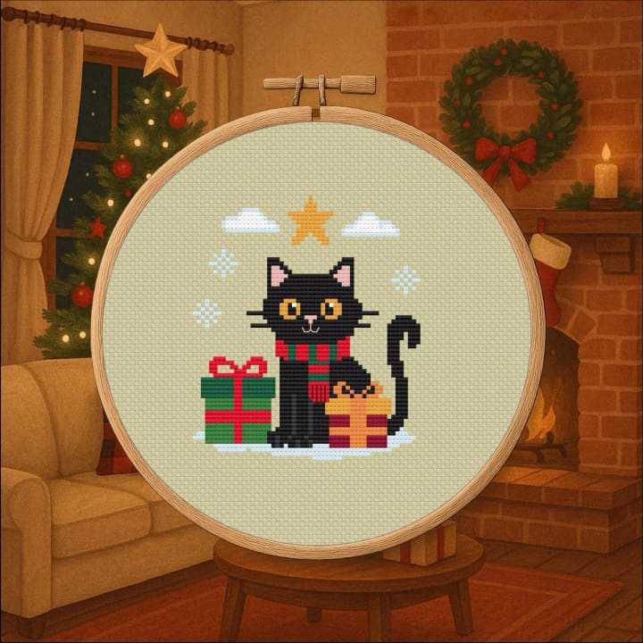 Cat with Presents cross-stitch pattern preview