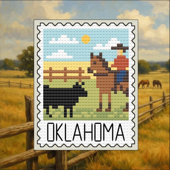 Cattle & Cowboys – Oklahoma – US State Postage Stamp Series cross-stitch pattern preview