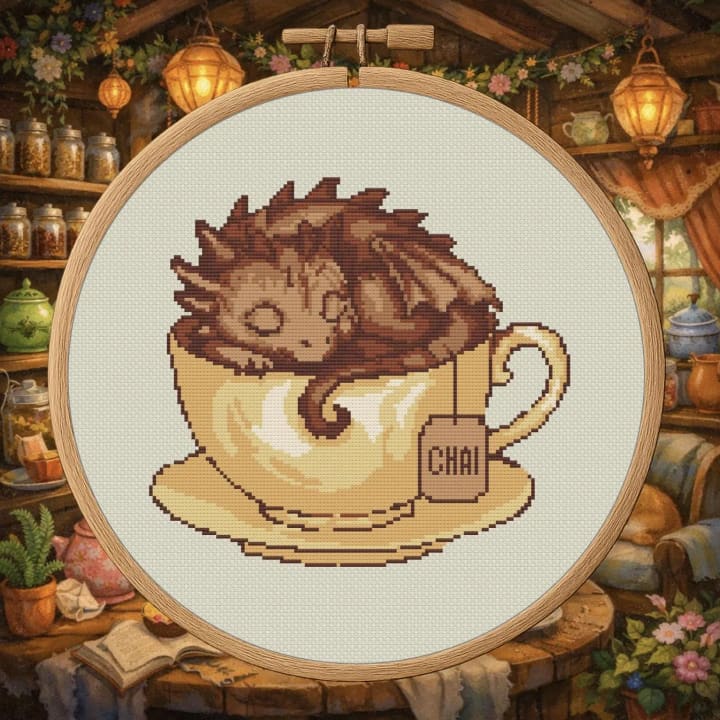 Chai Tea Dragon – Cozy Dragon cross-stitch pattern preview