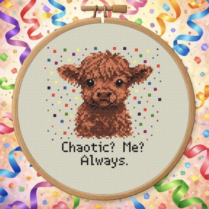 Chaotic? Me? Always – Playful Baby Highland Chaos cross-stitch pattern preview