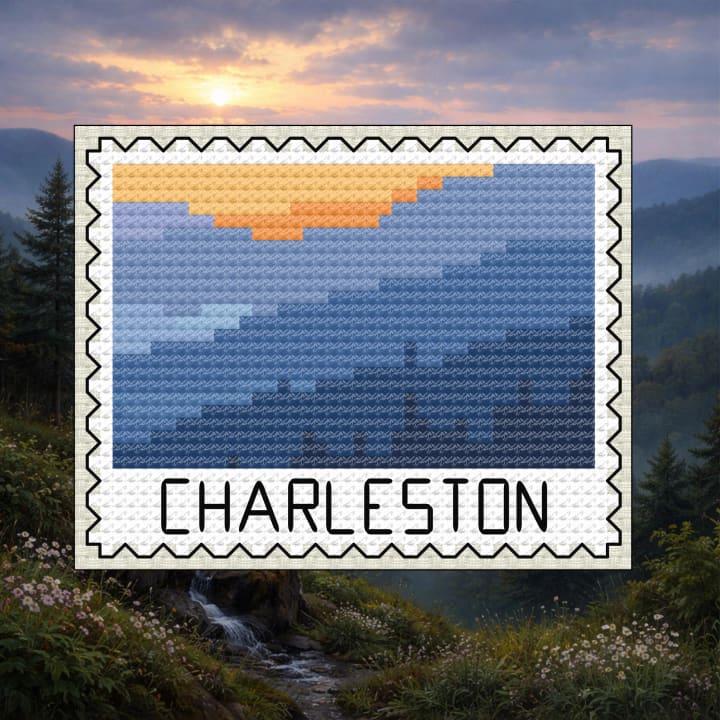 Charleston Blue Ridge Mountain Sunrise Stamp - West Virginia State Capitol cross-stitch pattern preview
