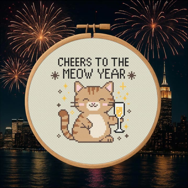 Cheers to the Meow Year – New Year's Eve cross-stitch pattern preview
