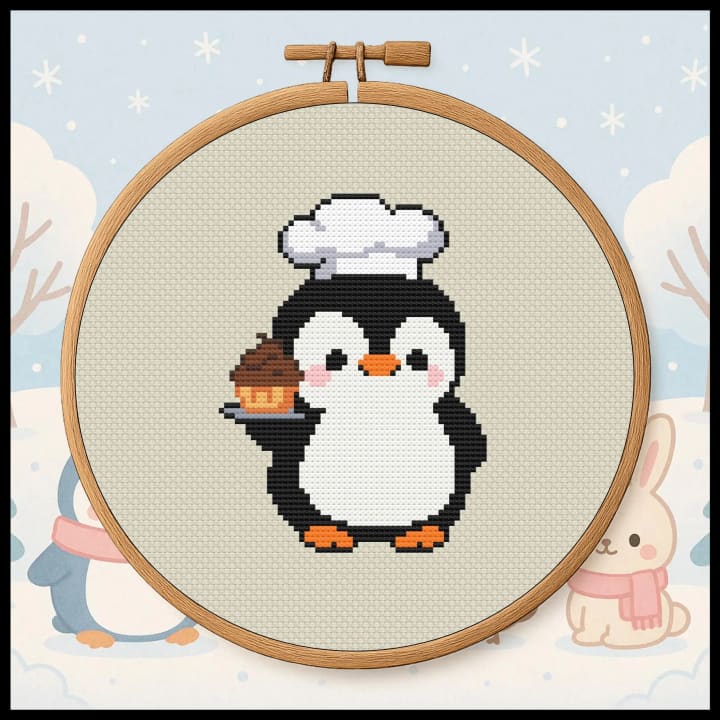 Chef Penguin Cupcake cross-stitch pattern preview