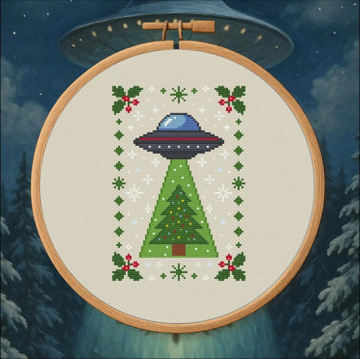 Christmas Abduction – UFO Holiday cross-stitch pattern preview