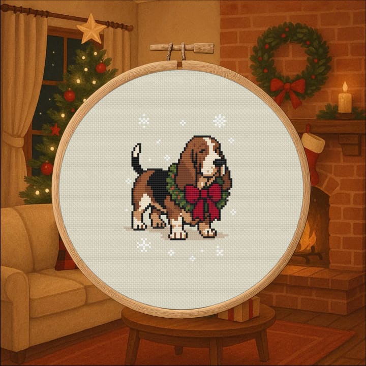 Christmas Basset Hound – Holiday Dog cross-stitch pattern preview