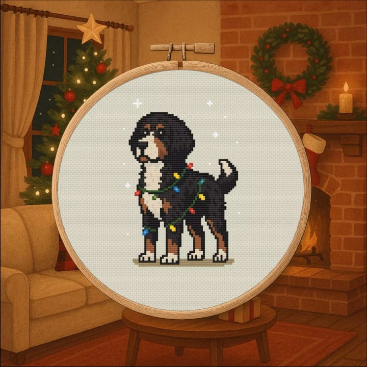 Christmas Bernedoodle – Holiday Dog cross-stitch pattern preview