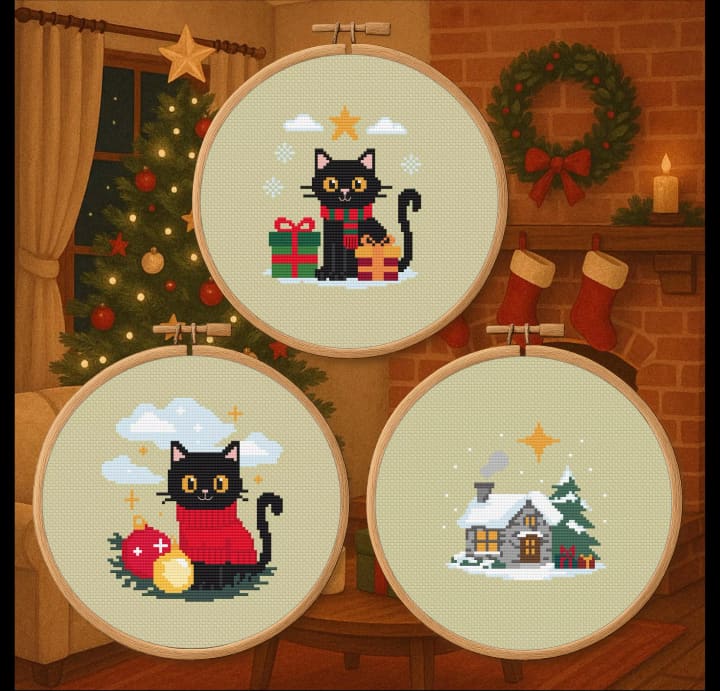 Christmas Bundle: Cats, Cabin cross-stitch pattern preview