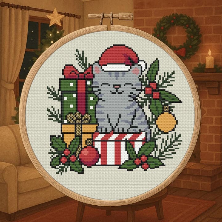 Christmas Cat – Festive Holiday cross-stitch pattern preview