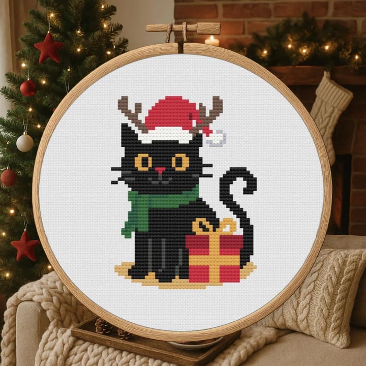 Christmas Cat with Presents – Christmas cross-stitch pattern preview