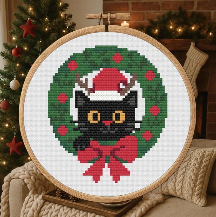 Christmas Cats in a Wreath – Christmas cross-stitch pattern preview