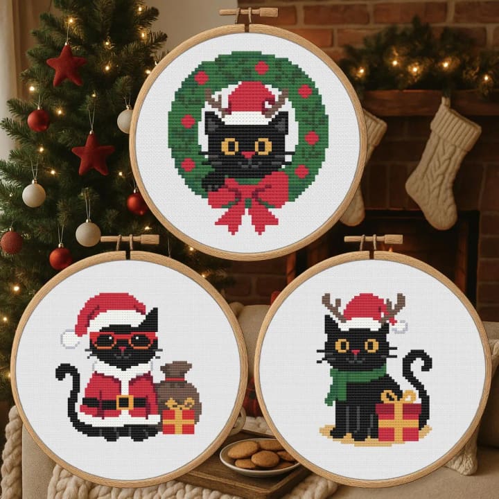 Christmas Cats Trio – Christmas cross-stitch pattern preview