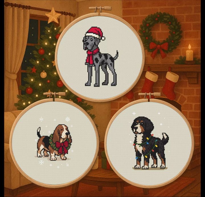Christmas Dogs Bundle – Basset Hound, Bernedoodle, Great Dane cross-stitch pattern preview