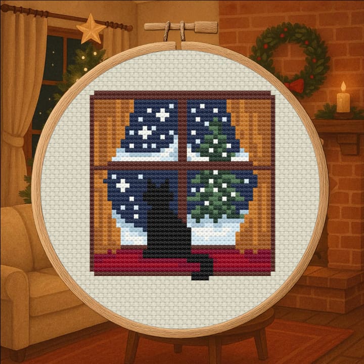Christmas Eve Cat – Holiday Cat cross-stitch pattern preview