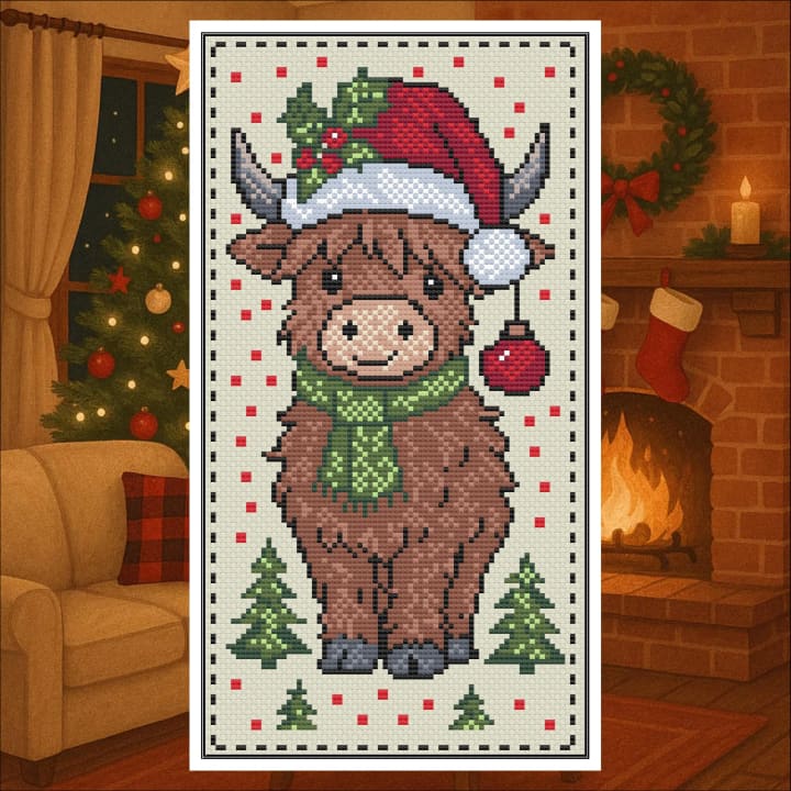 Christmas Highland Bookmark – Highland Cow Bookmark cross-stitch pattern preview