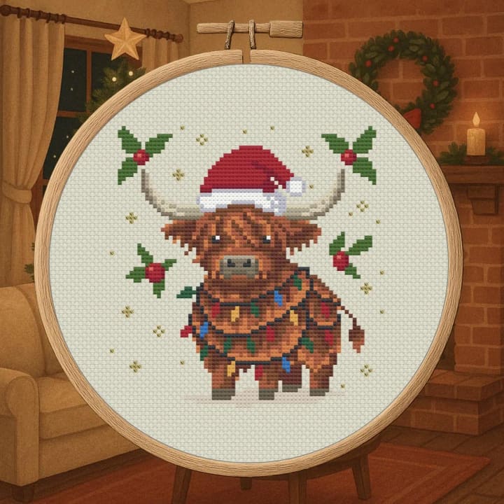 Christmas Highland Cow – Festive Holiday cross-stitch pattern preview
