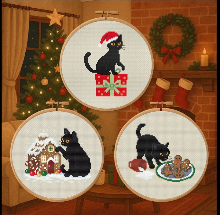 Christmas Mischief Makers – Black Cat Holiday Bundle cross-stitch pattern preview